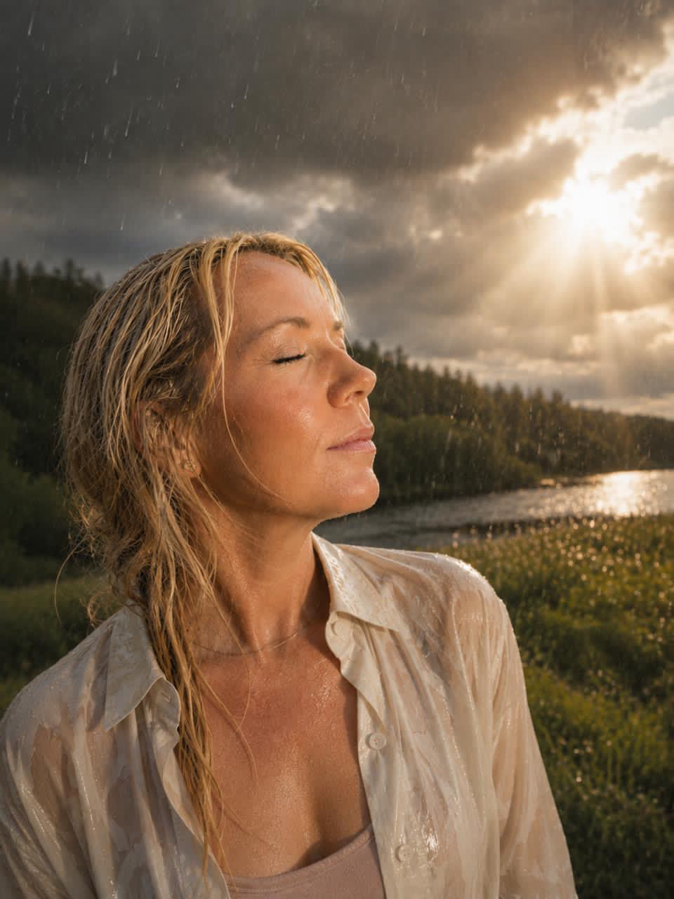 Kvinna med slutna ögon i regn och solstrålar