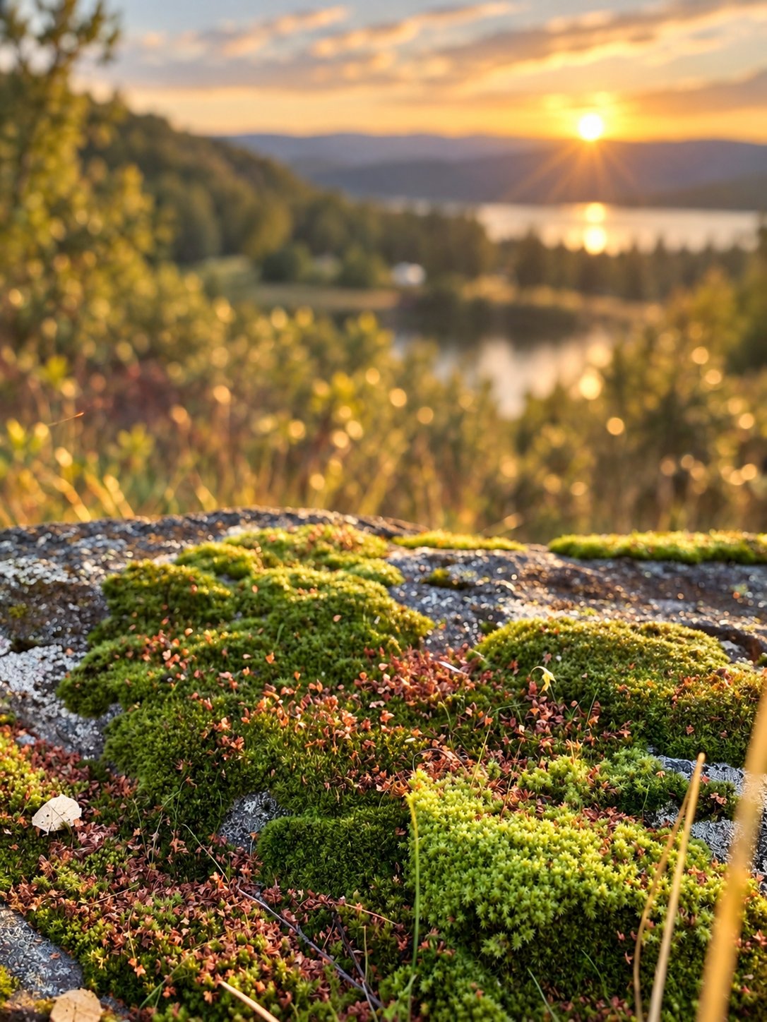 Gyllene solnedgång över Dalarnas natur med mossa och sjö