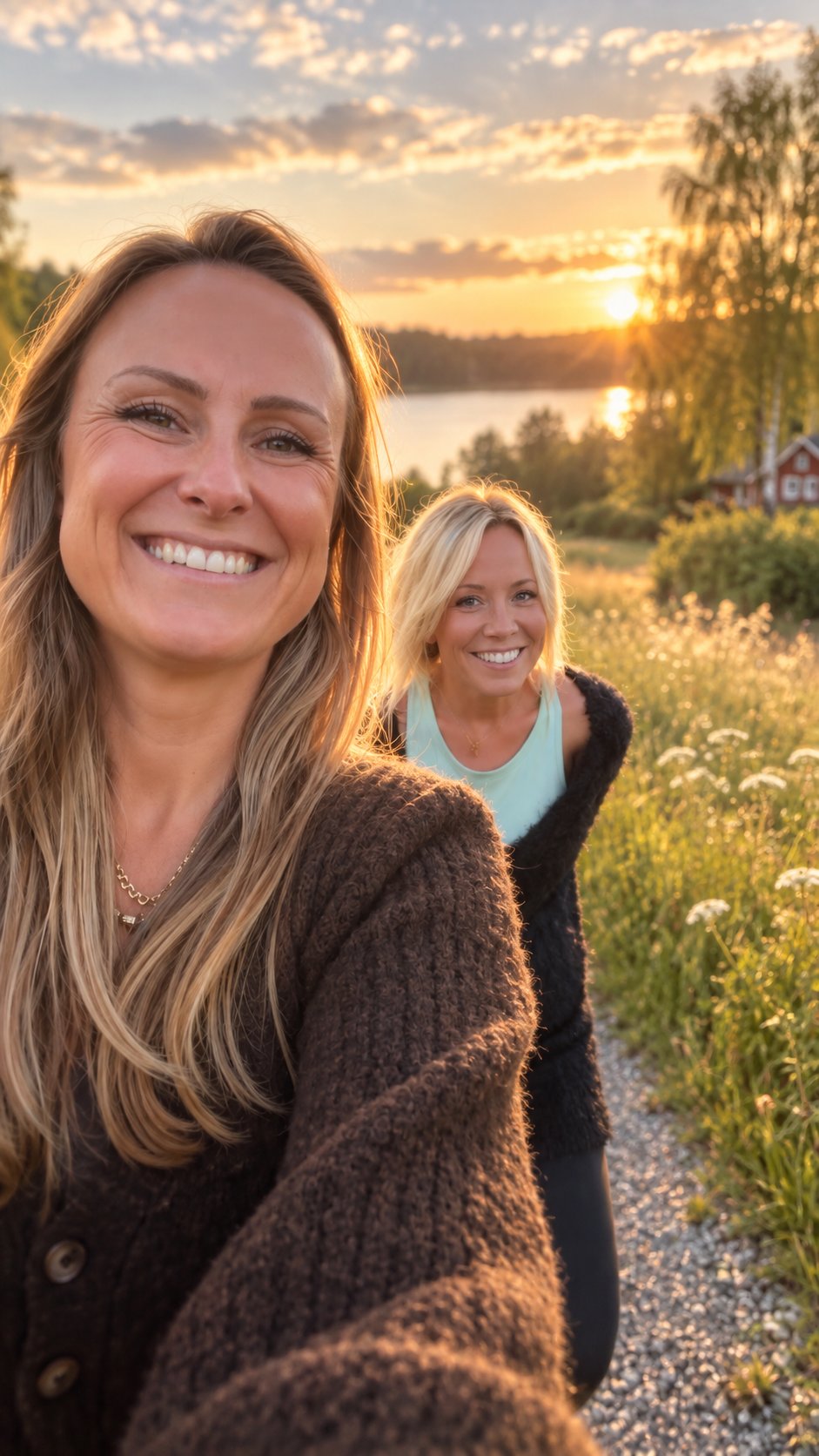 Jessica och Karolina i kvällsljus vid sjön i Dalarna